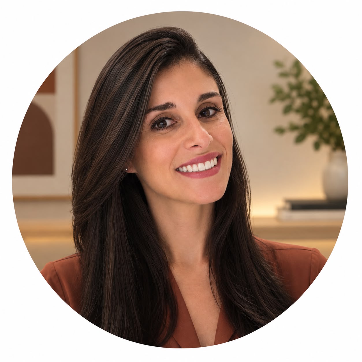 Priscila Braga, consultora financeira da Sinapse, sorrindo em seu escritório